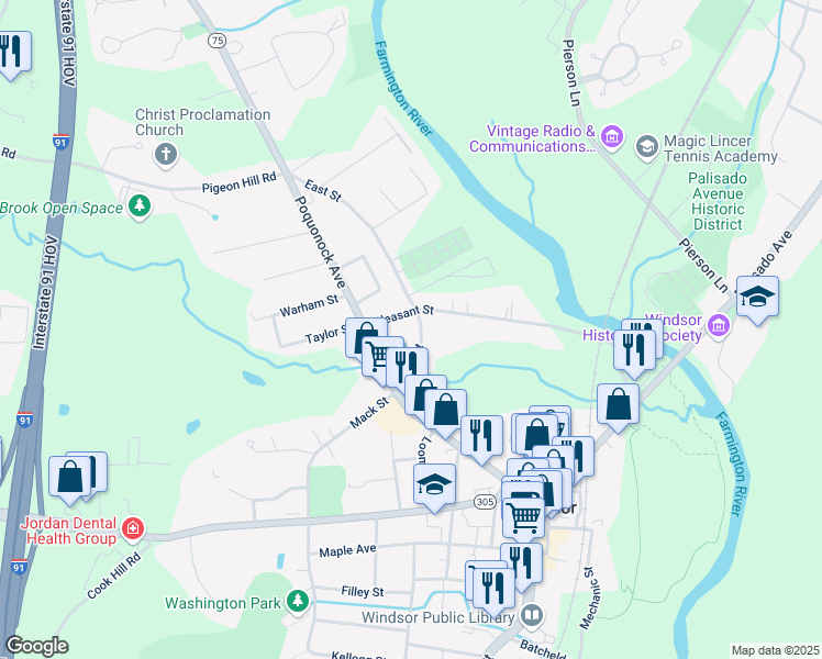 map of restaurants, bars, coffee shops, grocery stores, and more near 40 Pleasant Street in Windsor
