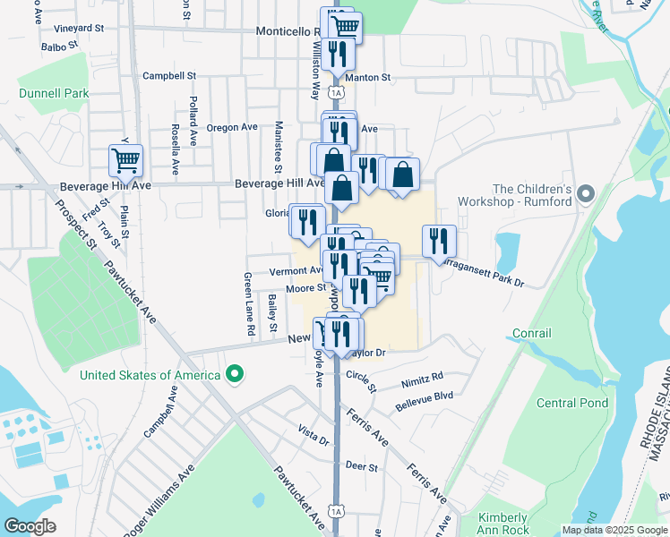 map of restaurants, bars, coffee shops, grocery stores, and more near Newport Ave & Vermont Ave in East Providence