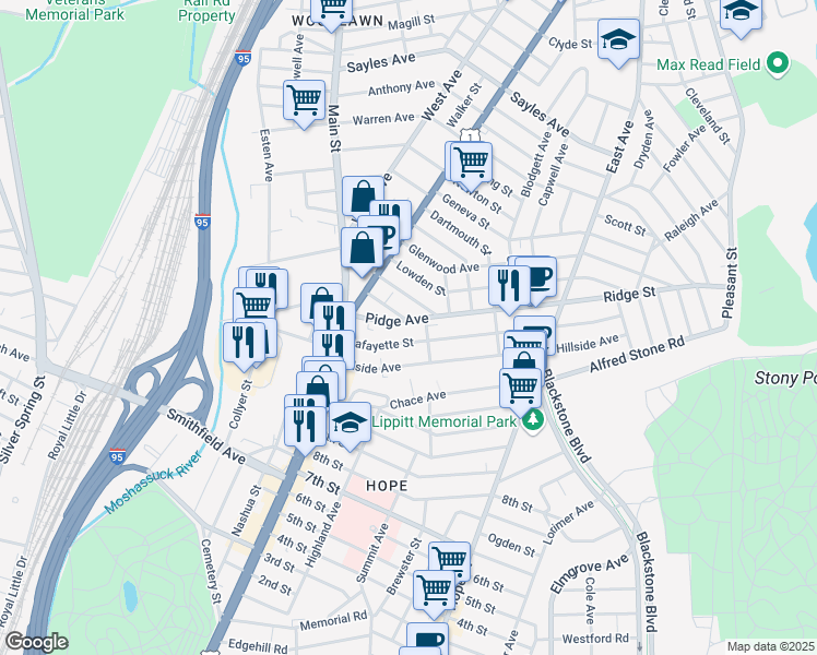 map of restaurants, bars, coffee shops, grocery stores, and more near 259 Lafayette Street in Pawtucket