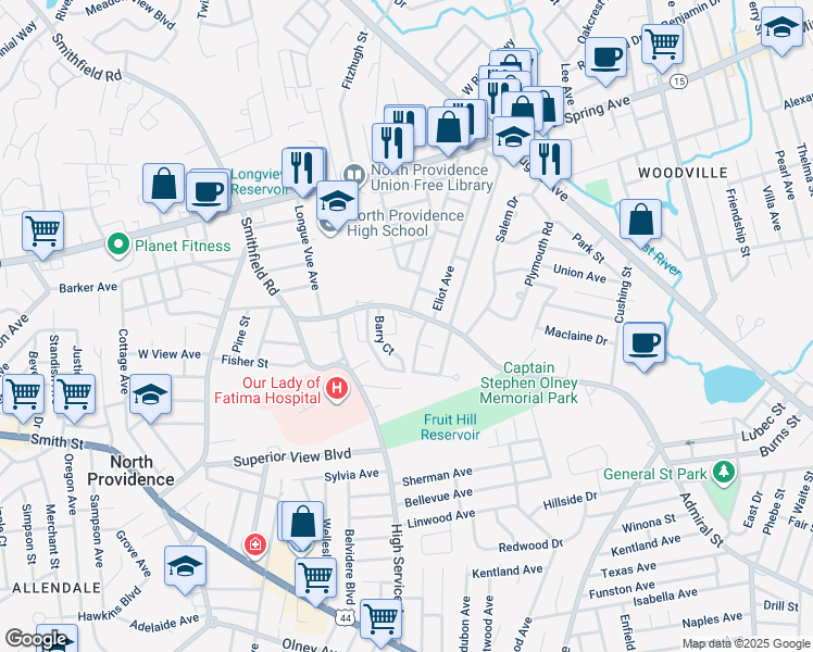 map of restaurants, bars, coffee shops, grocery stores, and more near 242 Smithfield Road in North Providence