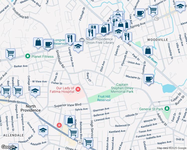 map of restaurants, bars, coffee shops, grocery stores, and more near 242 Smithfield Road in North Providence