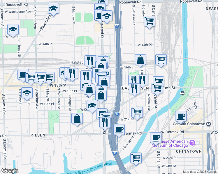 map of restaurants, bars, coffee shops, grocery stores, and more near 1817 South Halsted Street in Chicago