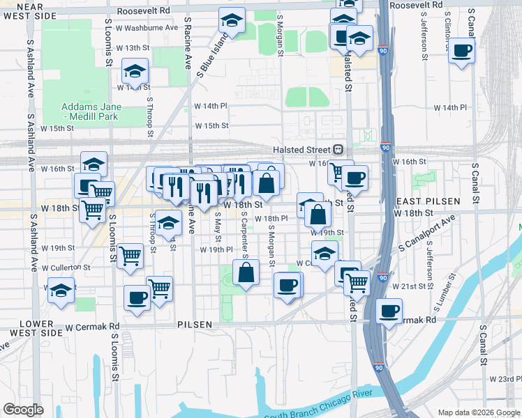 map of restaurants, bars, coffee shops, grocery stores, and more near 1020 West 18th Place in Chicago