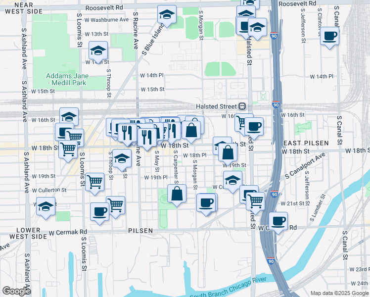 map of restaurants, bars, coffee shops, grocery stores, and more near 1020 West 18th Place in Chicago