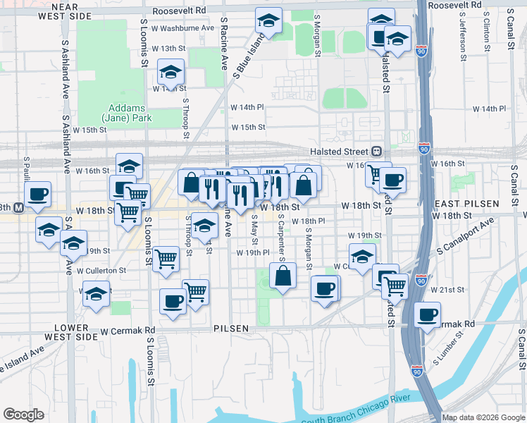 map of restaurants, bars, coffee shops, grocery stores, and more near in Chicago