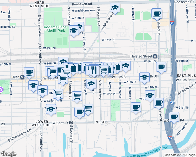 map of restaurants, bars, coffee shops, grocery stores, and more near 1813 South Allport Street in Chicago