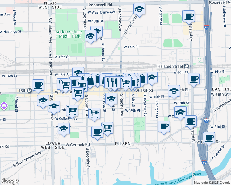 map of restaurants, bars, coffee shops, grocery stores, and more near 1813 South Allport Street in Chicago
