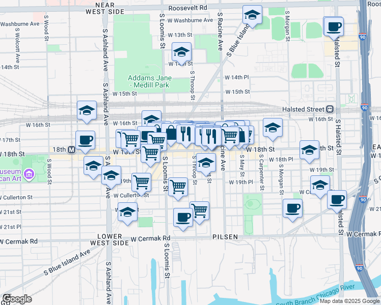 map of restaurants, bars, coffee shops, grocery stores, and more near 1309 West 18th Street in Chicago