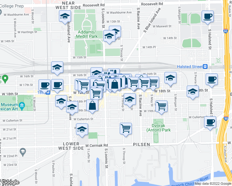 map of restaurants, bars, coffee shops, grocery stores, and more near 1327 West 18th Street in Chicago