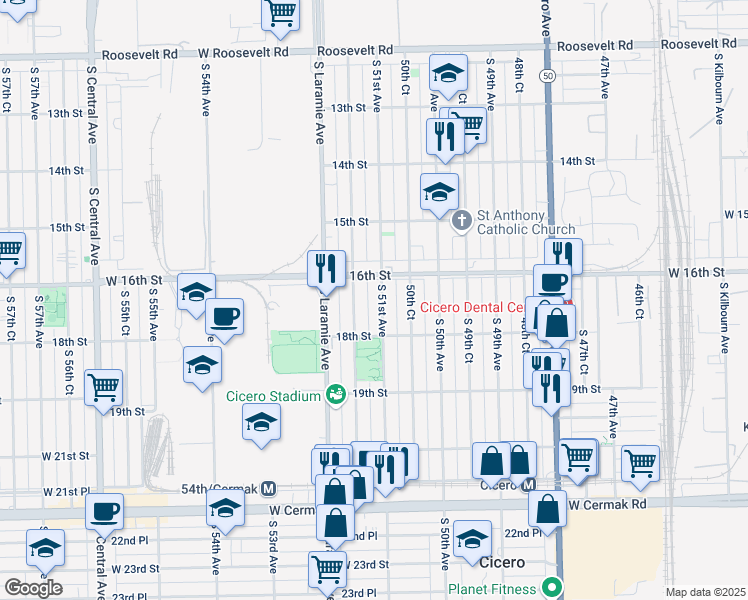 map of restaurants, bars, coffee shops, grocery stores, and more near 1623 South 51st Avenue in Cicero