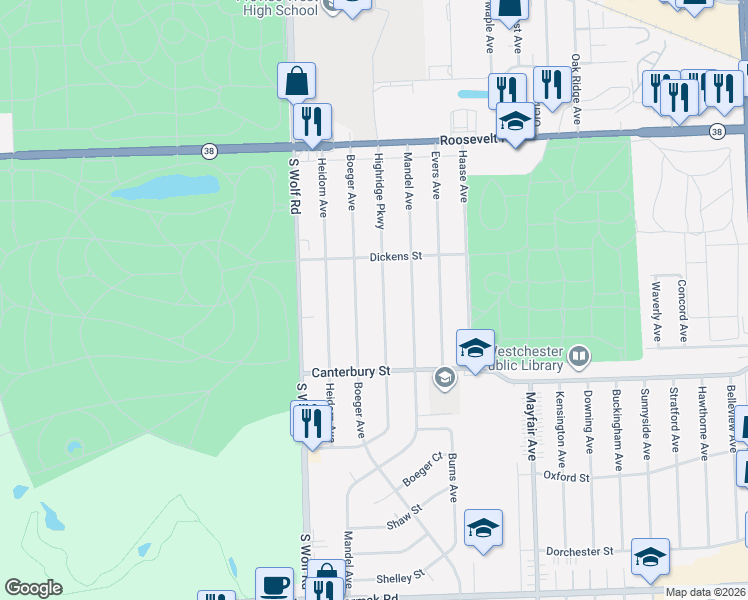 map of restaurants, bars, coffee shops, grocery stores, and more near 1456 Highridge Parkway in Westchester