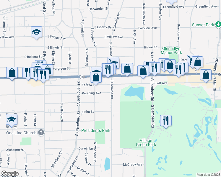 map of restaurants, bars, coffee shops, grocery stores, and more near 1720 Pershing Avenue in Wheaton