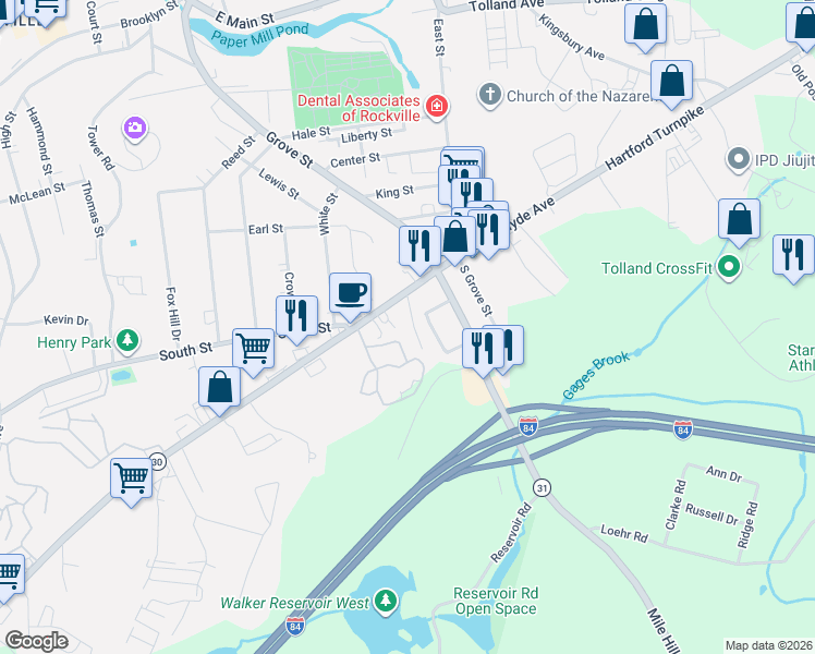 map of restaurants, bars, coffee shops, grocery stores, and more near 8 Green Road in Vernon