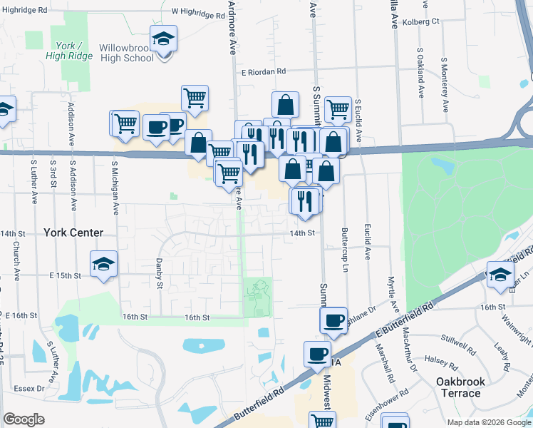 map of restaurants, bars, coffee shops, grocery stores, and more near 17W737 Kirkland Lane in Villa Park