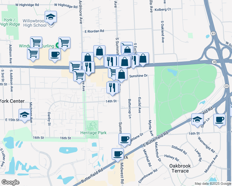 map of restaurants, bars, coffee shops, grocery stores, and more near 17W602 14th Street in Oakbrook Terrace