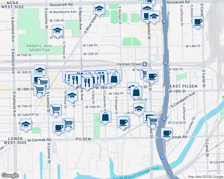 map of restaurants, bars, coffee shops, grocery stores, and more near 1020 West 18th Place in Chicago