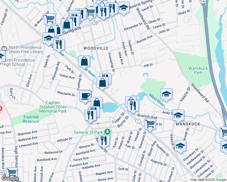 map of restaurants, bars, coffee shops, grocery stores, and more near 1155 Douglas Avenue in North Providence