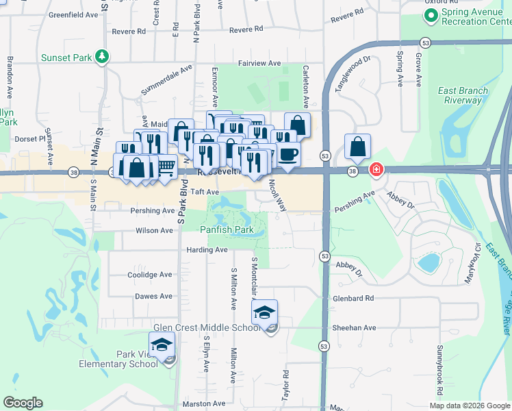 map of restaurants, bars, coffee shops, grocery stores, and more near 709 Kingsbrook Glen in Glen Ellyn