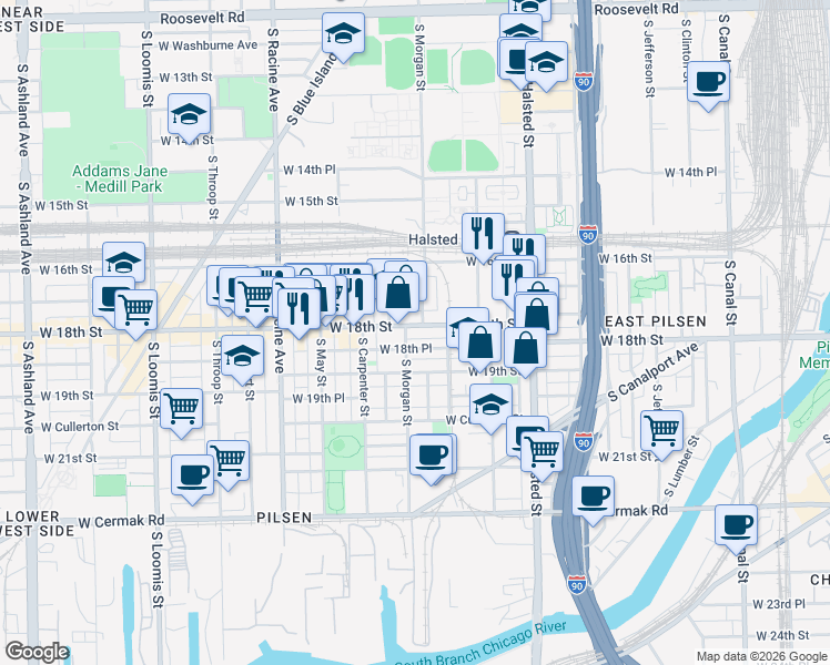 map of restaurants, bars, coffee shops, grocery stores, and more near in Chicago