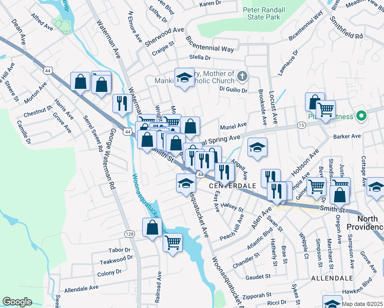 map of restaurants, bars, coffee shops, grocery stores, and more near 117 Angell Avenue in North Providence