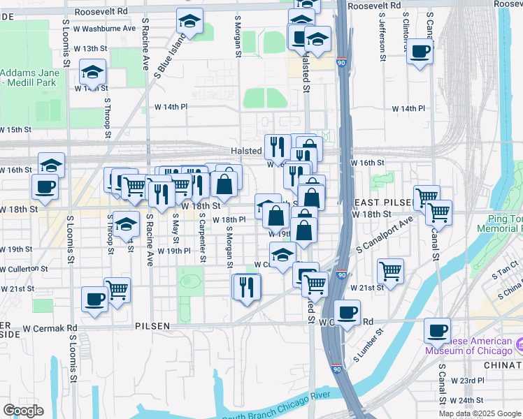 map of restaurants, bars, coffee shops, grocery stores, and more near 924 West 18th Place in Chicago