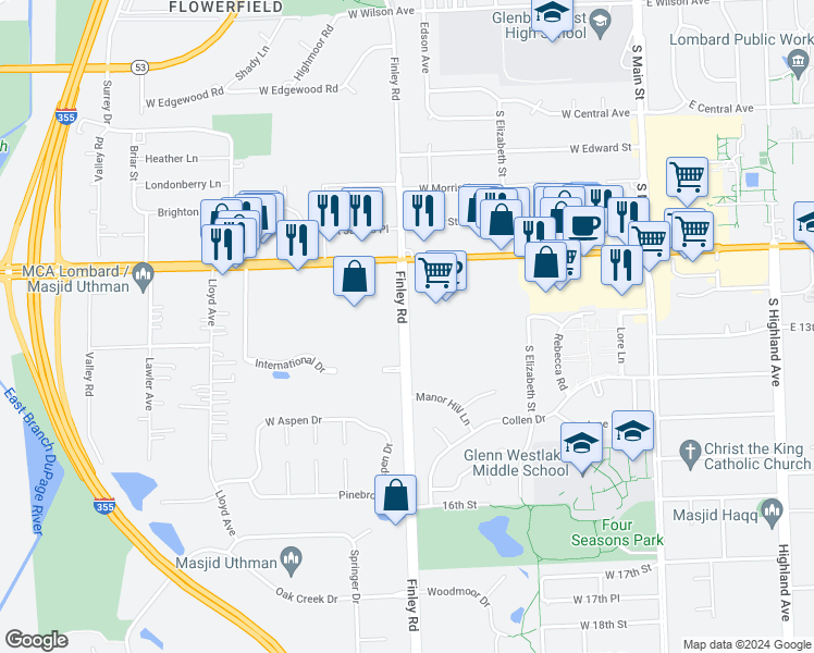 map of restaurants, bars, coffee shops, grocery stores, and more near Finley Road in Lombard