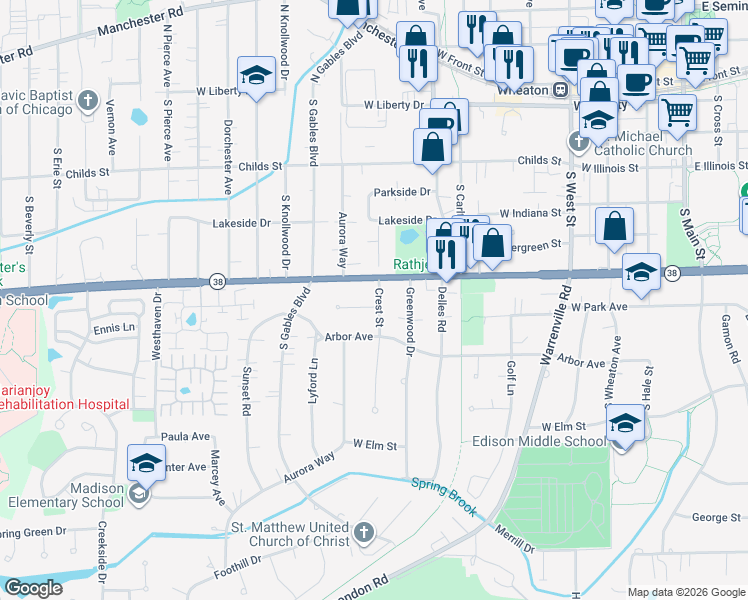 map of restaurants, bars, coffee shops, grocery stores, and more near 820 Crest Street in Wheaton