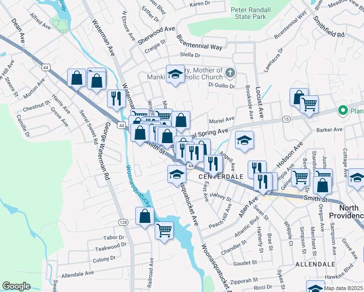 map of restaurants, bars, coffee shops, grocery stores, and more near 15 Thomas Street in North Providence