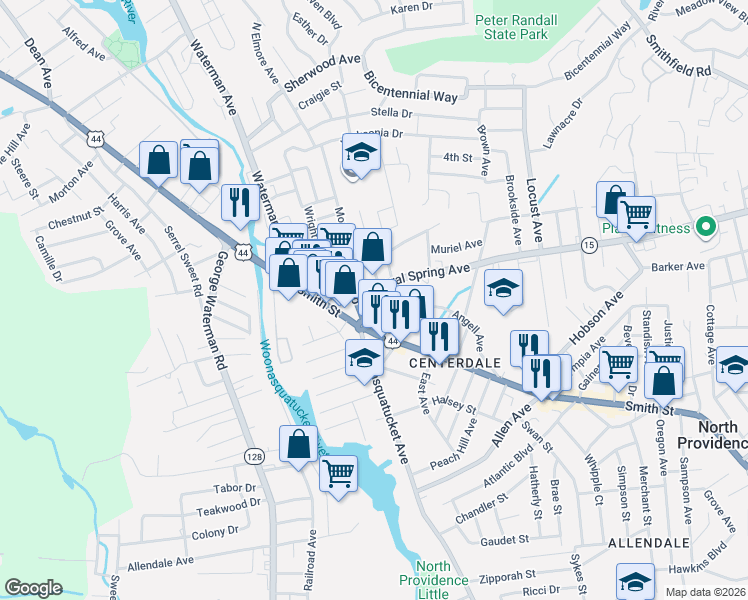 map of restaurants, bars, coffee shops, grocery stores, and more near 15 Thomas Street in North Providence