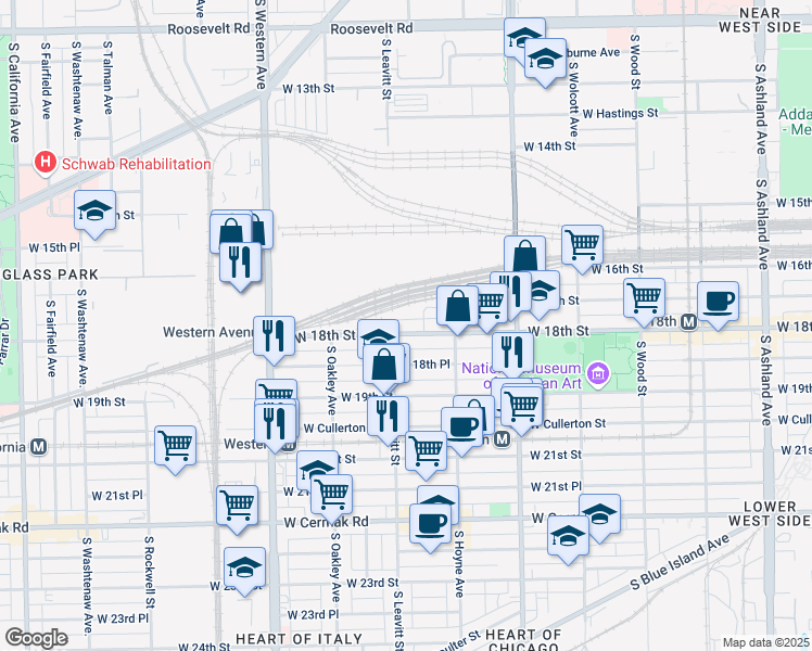 map of restaurants, bars, coffee shops, grocery stores, and more near 2148 West 18th Street in Chicago