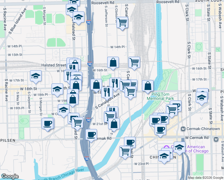map of restaurants, bars, coffee shops, grocery stores, and more near 1800 South Jefferson Street in Chicago