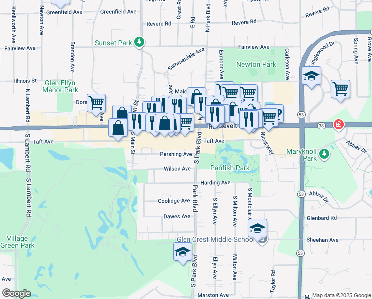 map of restaurants, bars, coffee shops, grocery stores, and more near 604 Pershing Avenue in Glen Ellyn