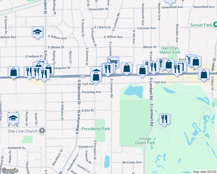 map of restaurants, bars, coffee shops, grocery stores, and more near 1720 Pershing Avenue in Wheaton