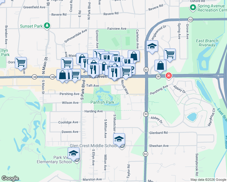 map of restaurants, bars, coffee shops, grocery stores, and more near 709 Kingsbrook Glen in Glen Ellyn