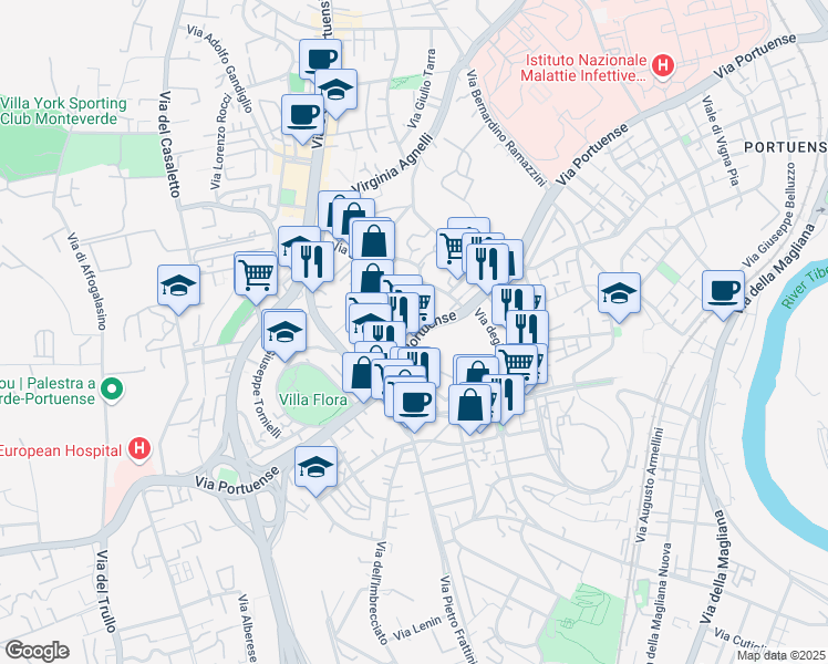 map of restaurants, bars, coffee shops, grocery stores, and more near 544 Via Portuense in Rome