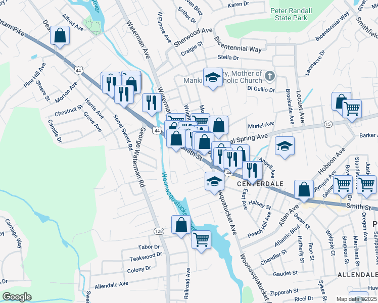 map of restaurants, bars, coffee shops, grocery stores, and more near in North Providence