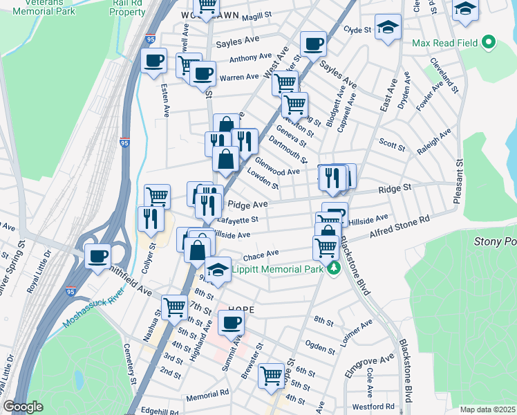 map of restaurants, bars, coffee shops, grocery stores, and more near 211 Lafayette Street in Pawtucket