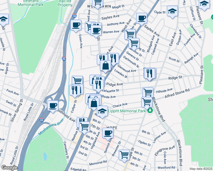 map of restaurants, bars, coffee shops, grocery stores, and more near 588 Pawtucket Avenue in Pawtucket