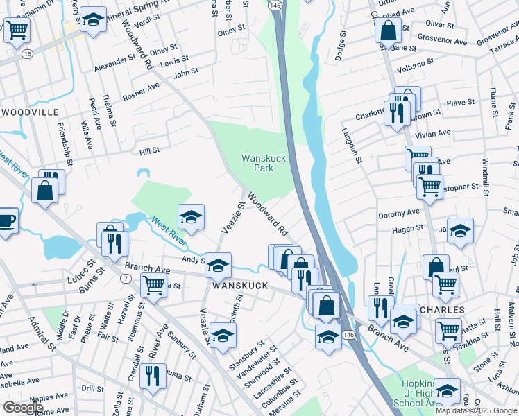 map of restaurants, bars, coffee shops, grocery stores, and more near 210 Woodward Road in Providence