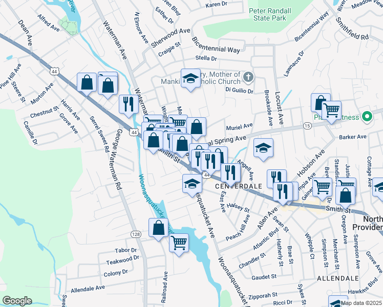 map of restaurants, bars, coffee shops, grocery stores, and more near 117 Angell Avenue in North Providence
