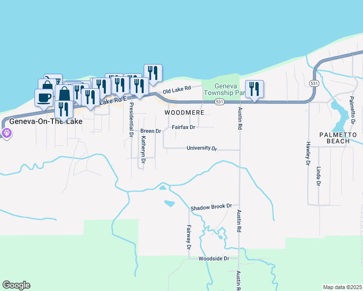 map of restaurants, bars, coffee shops, grocery stores, and more near 5172 University Drive in Geneva