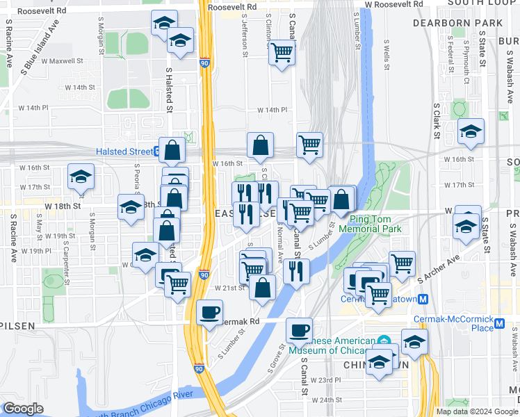 map of restaurants, bars, coffee shops, grocery stores, and more near 541 West 18th Street in Chicago