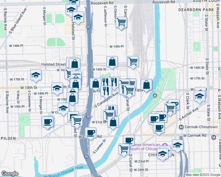 map of restaurants, bars, coffee shops, grocery stores, and more near 1800 South Jefferson Street in Chicago
