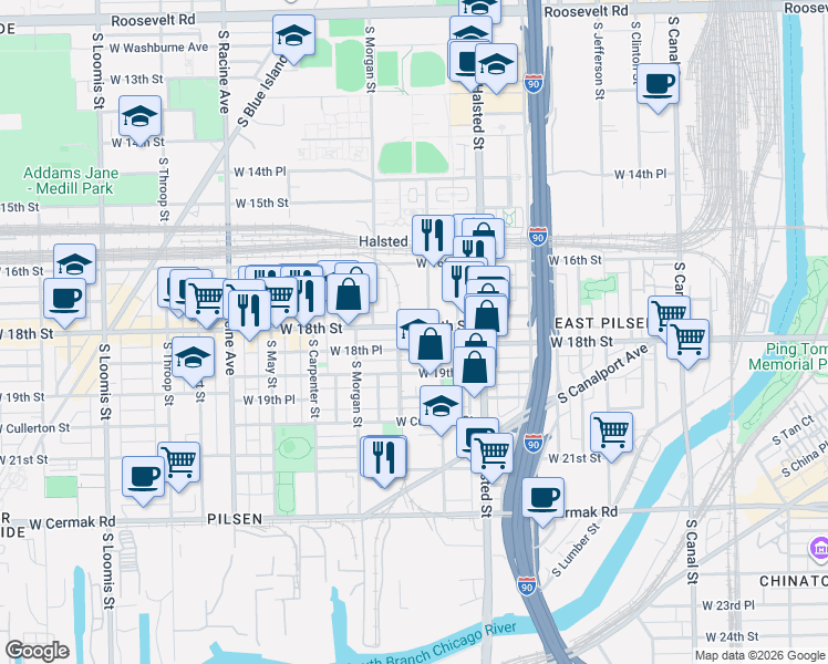 map of restaurants, bars, coffee shops, grocery stores, and more near 924 West 18th Place in Chicago