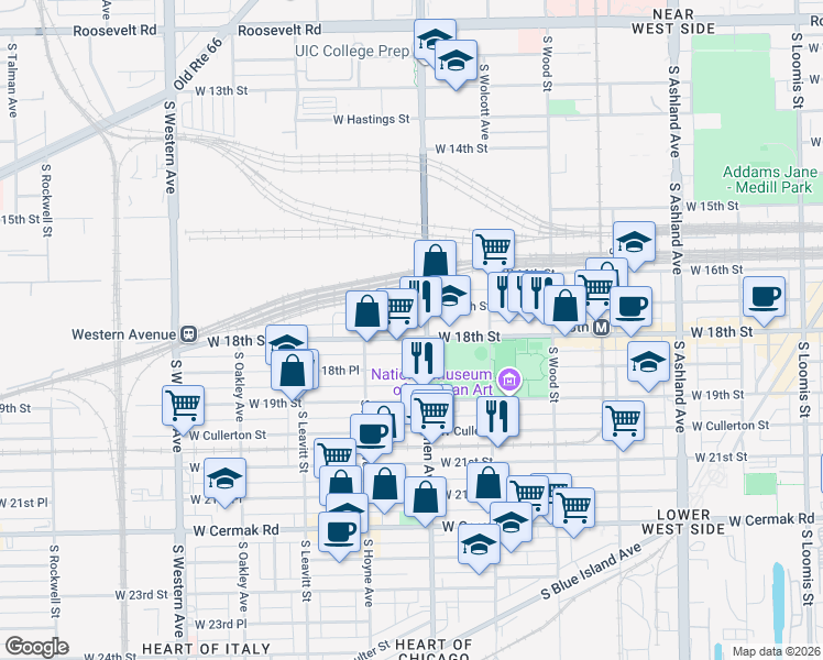 map of restaurants, bars, coffee shops, grocery stores, and more near 2011 West 18th Street in Chicago