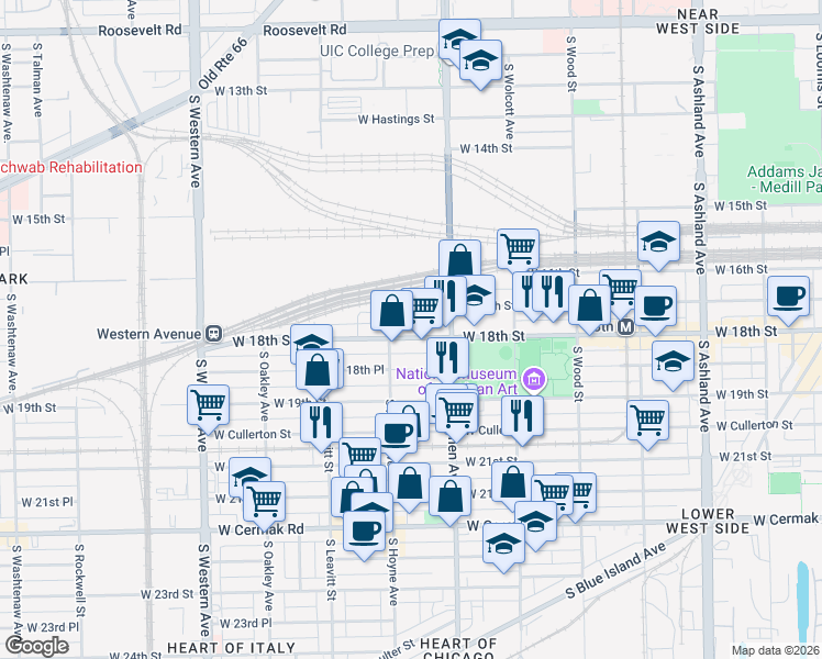 map of restaurants, bars, coffee shops, grocery stores, and more near 2051 West 18th Street in Chicago