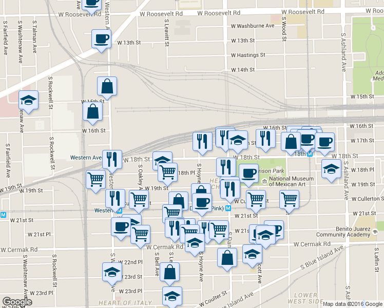 map of restaurants, bars, coffee shops, grocery stores, and more near 2125 West 18th Street in Chicago