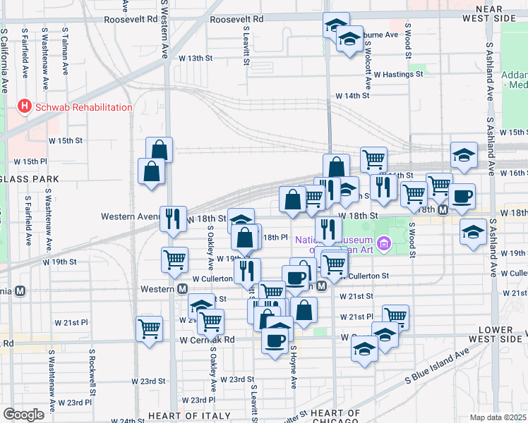 map of restaurants, bars, coffee shops, grocery stores, and more near 2125 West 18th Street in Chicago