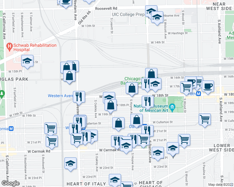 map of restaurants, bars, coffee shops, grocery stores, and more near 2201 West 18th Street in Chicago