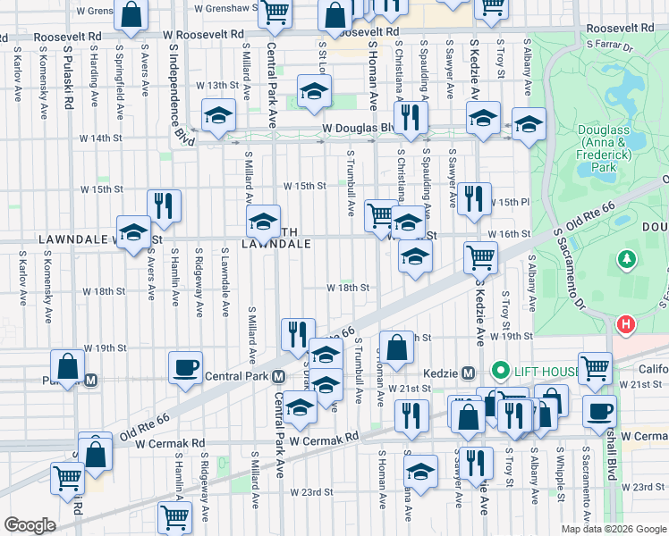 map of restaurants, bars, coffee shops, grocery stores, and more near 1651 South Saint Louis Avenue in Chicago